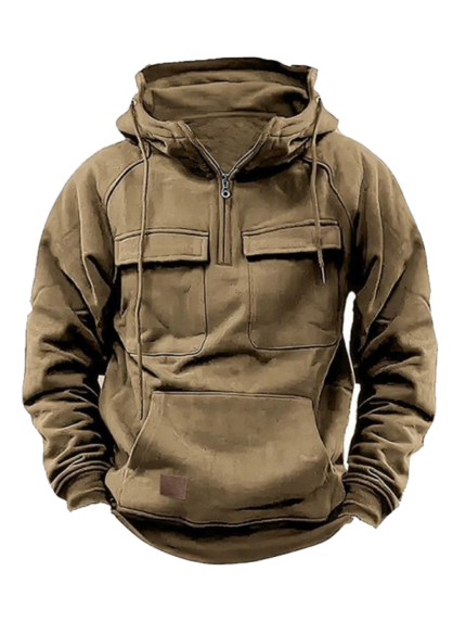 Men's Hooded Half Zip Long Sleeve Multi Pocket Pullover Jacket